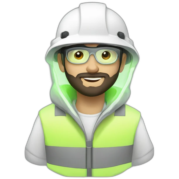 A young electrical engineer with a light black beard, a white helmet and a phosphorescent protection jacket emoji