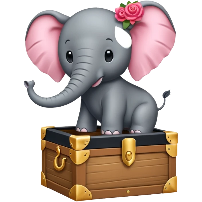Une boite à trésor ouverte, avec un éléphant rose qui sort sa tête emoji
