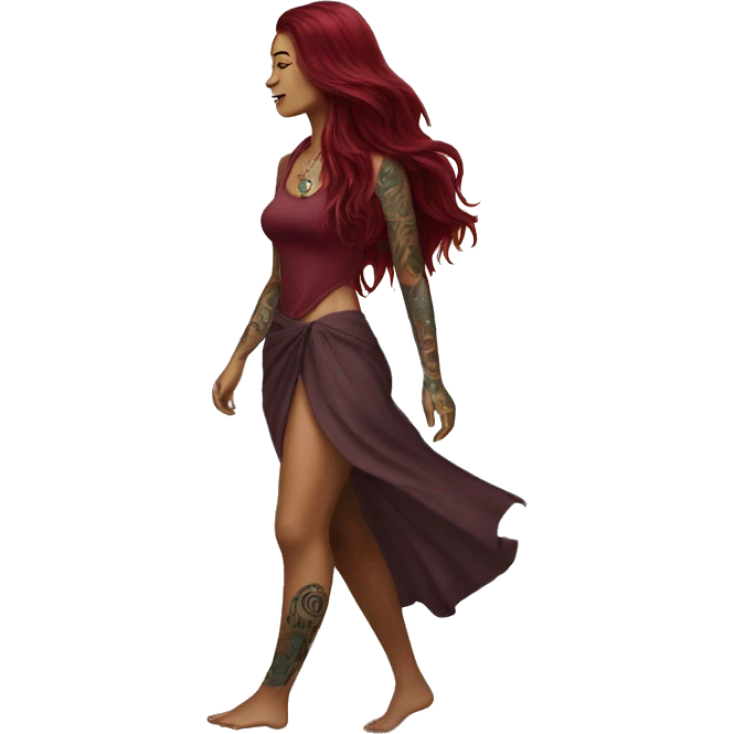 Beautiful tattooed  burgundy long haired woman walking on the beach emoji