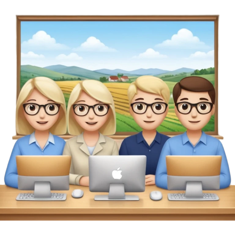 Watching computer Employees of a startup company with a countryside view outside the window emoji