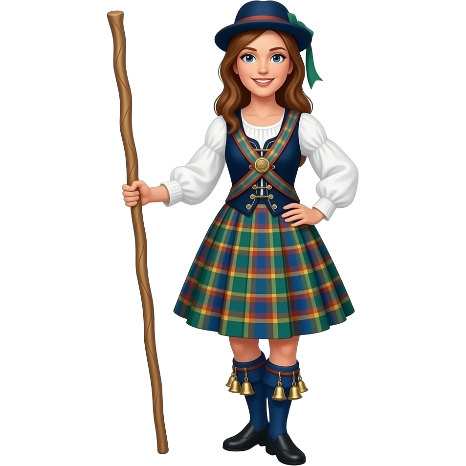 Female Border Morris dancer with medium-sized stick in hand and bells on shins only emoji