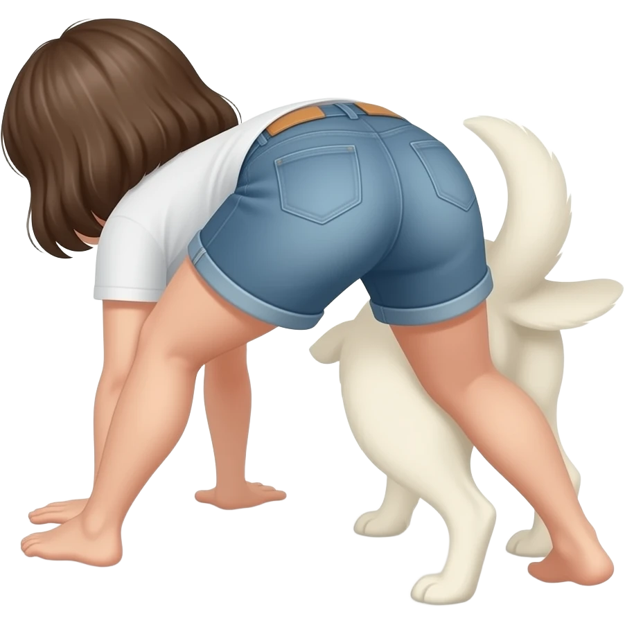 A girl bent down doggy style from the back legs open looking back emoji
