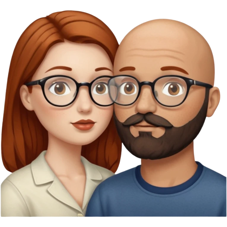 Couple. Bald man with dark brown-black beard. White woman with many small, faded freckles, she has white skin and she has auburn-brown-cinnamon, dark long hair. She has light brown eyes. The man have hazel eyes and glass. She have light eyes. Retro style. She kisses him. emoji