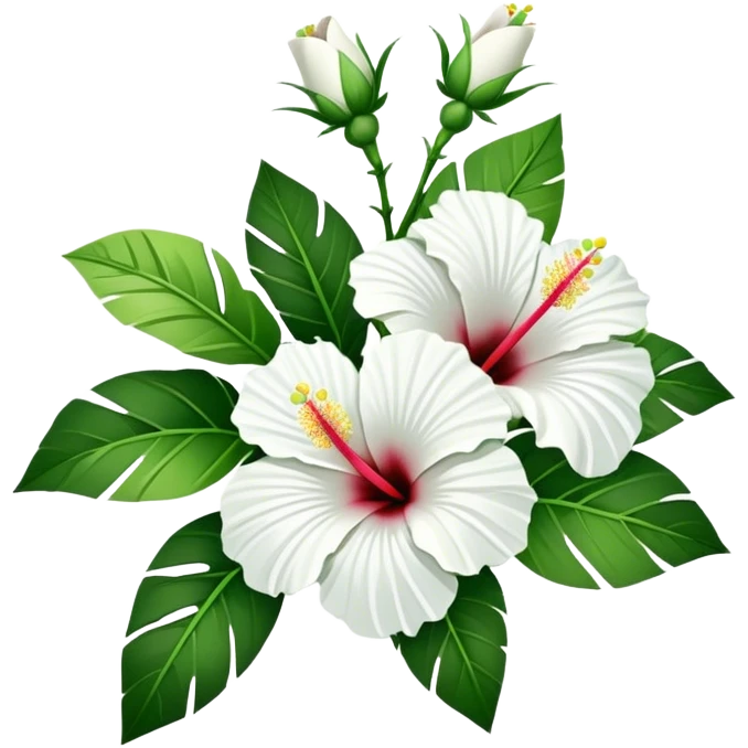 bouquet white Hawaiian hibiscus, luxuriant, stem, leaf, bud emoji