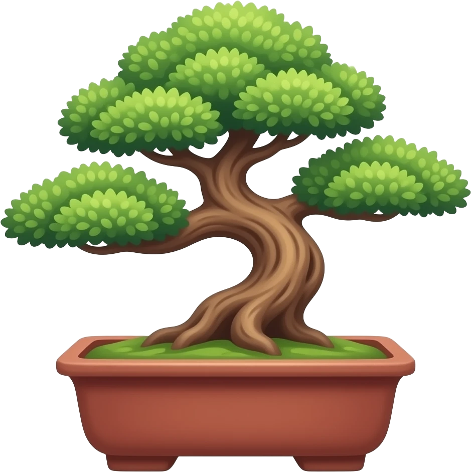 A bonsai developing horizontally in a short red clay vase. Tech emoji