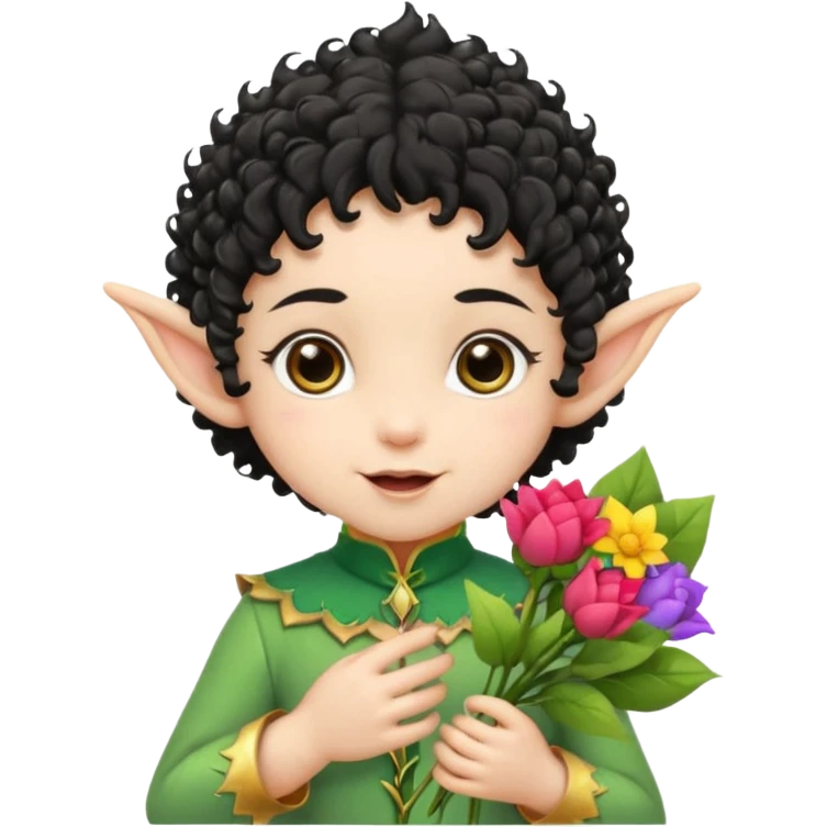 baby elf black curly hair with pointy ears, hold flowers emoji