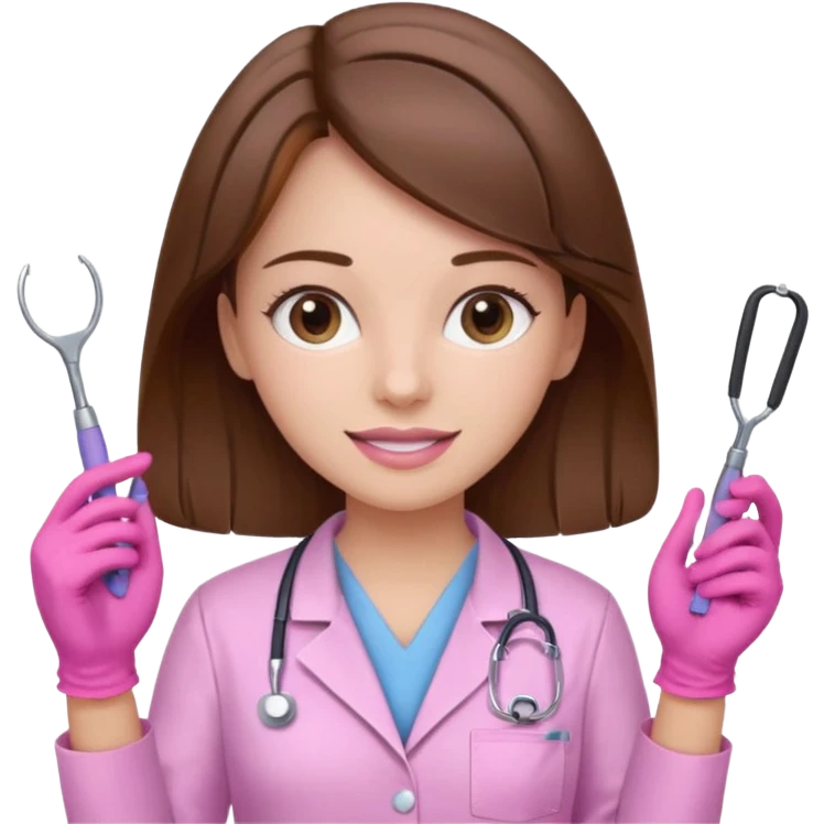 Girl dentist with brown hair and pink gloves and pink scrubs and tools in hand  emoji