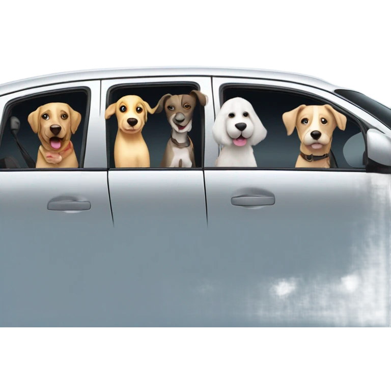 6 dogs in a Prius sticking their heads out of the window with a bald man in his 50’s who likes adventure driving the car emoji