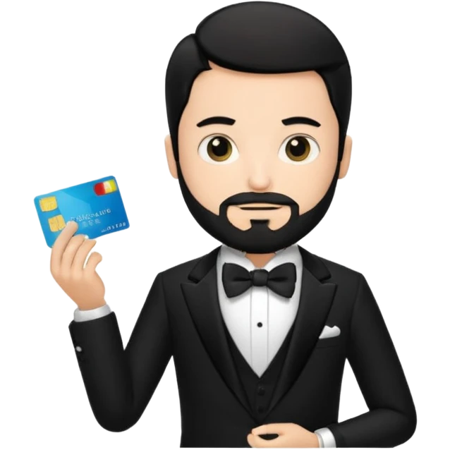 make a genmoji of a boy with a an amex card in hand and wearing a tux, black hair. bearded emoji