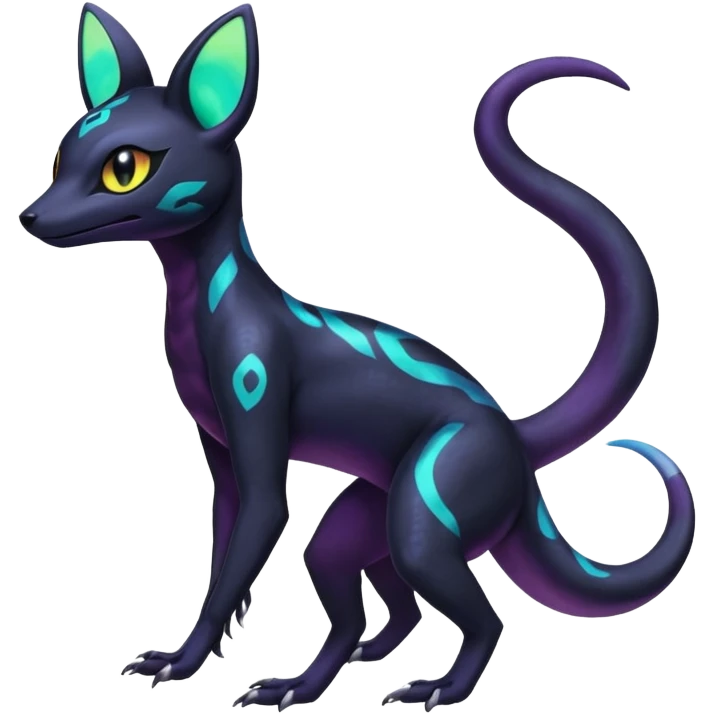 Rare epic aesthetic colorful Salandit-Noibat-Umbreon-Genet-species-Fakemon-hybrid-creature, with markings, full body emoji