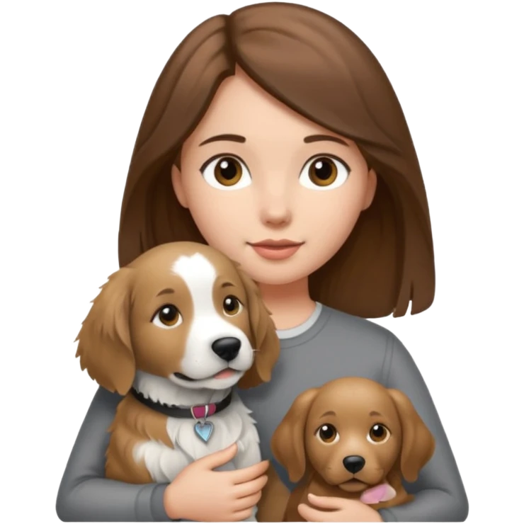 Girl with brown hair holding grey white and black golden retriever dog emoji