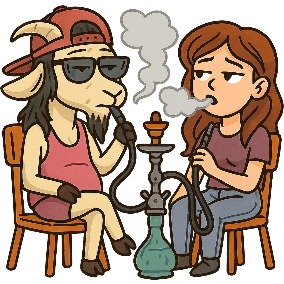 goat for Telegram stickers inspired by reference https://attic.sh/feoducyurkpqwz0la088soao98sx: wearing a cap, glasses, mullet hairstyle, pink drunkard tank top, sitting on a chair, smoking hooka with a girl https://i.ytimg.com/vi/x9PRt8xgy7Y/hqdefault.jpg . transparent background  emoji