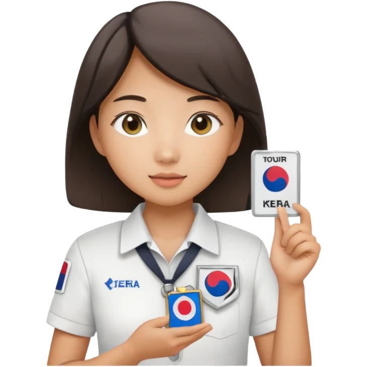 A young Asian guide holding her tour license in both hands, wearing a white shirt with the South Korea badge on her chest. emoji