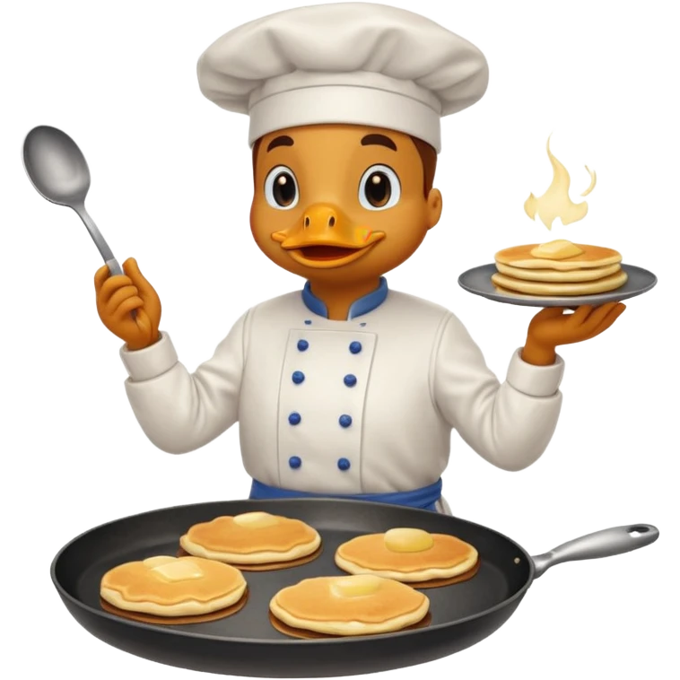 A chef duck wearing a tiny apron, making pancakes on a pan emoji