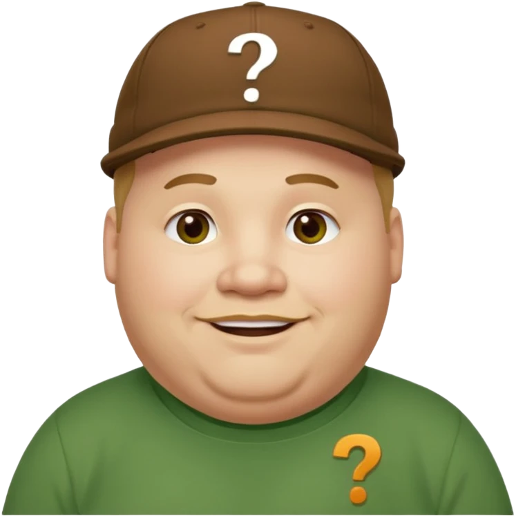 fat man with brown cap and green t shirt printeed a question mark emoji