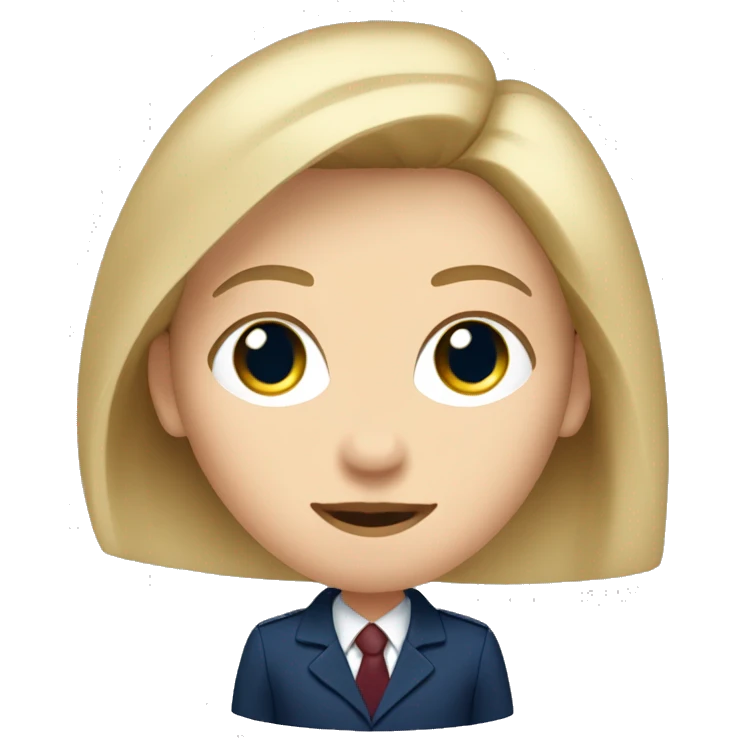 An adult girl, blue eyes, straight blond hair, dark blue jacket suit, burgundy office shirt. emoji