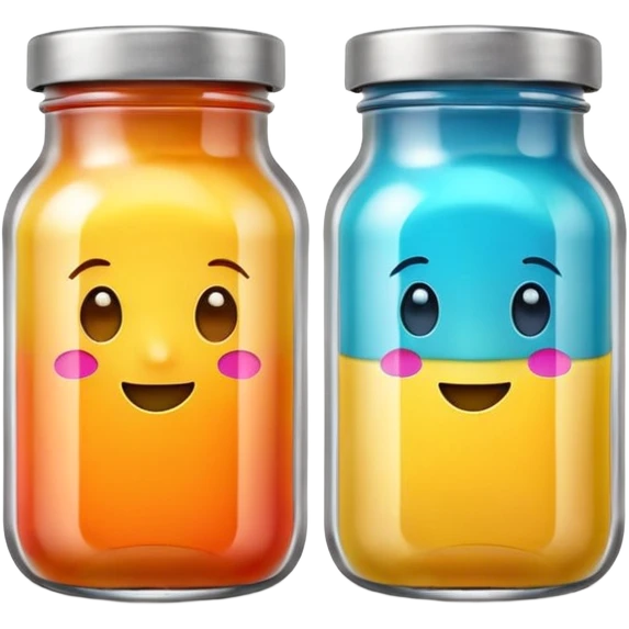 two small glass jars with metal lids filled with colorful purée no label or extras soft lighting subtle shadows emoji scale emoji