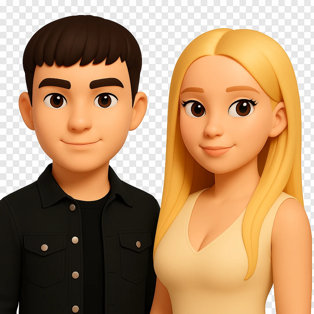 Slightly increase the volume of the upper body of the girl, separate the girl and the boy from each other, make the skin color the same for both characters. Maintain the cartoonish 3D style as in the reference image. Keep the background transparent. emoji