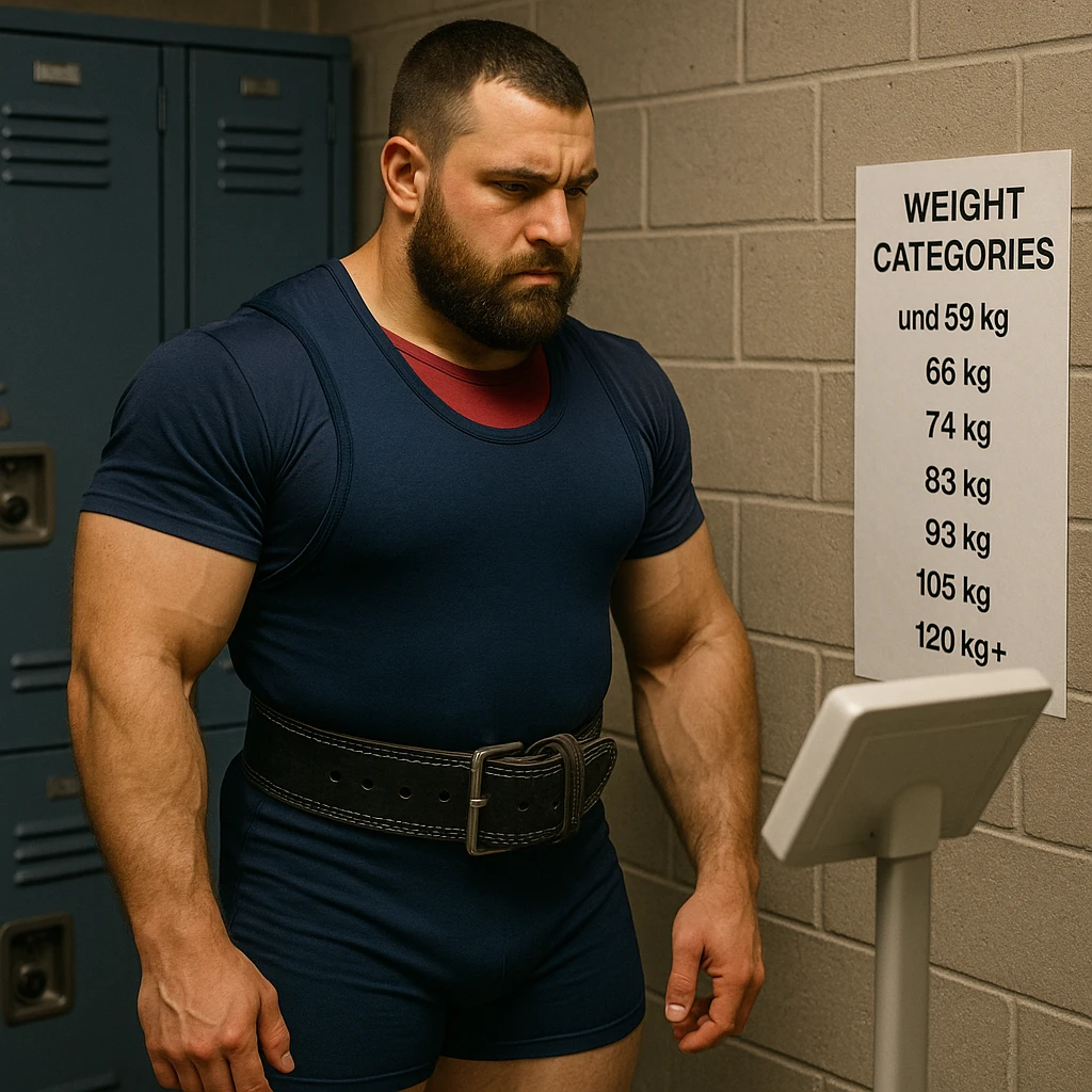 Powerlifter in locker room, looking at a scale and a list of weight categories, focused gaze, sportswear, decision-making atmosphere, realistic details, locker room background emoji