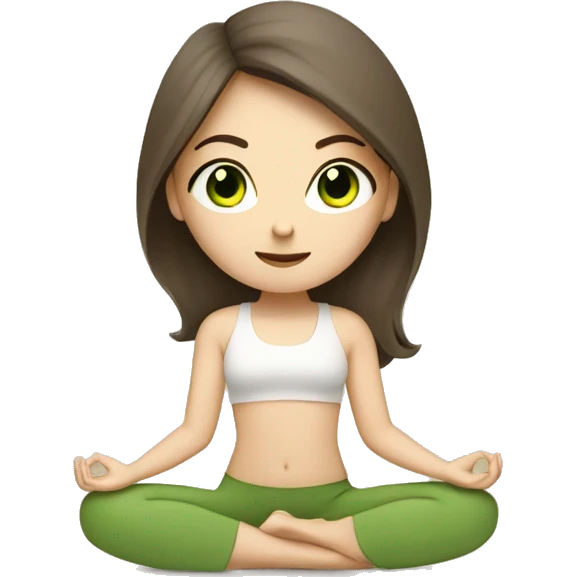 White brunette Girl with green eyes doing yoga in beige tones  emoji