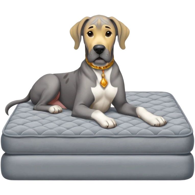 Gray Great Dane on king size mattress floppy ears emoji
