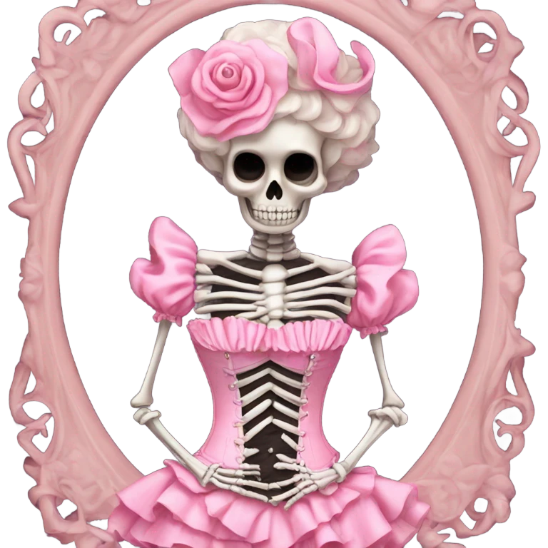 Skeleton wearing a pink laced corset top with ruffles  emoji