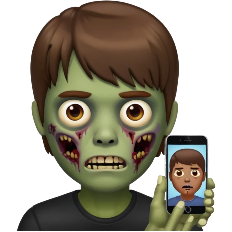 Homem de cabelo marrom com franja, zumbi estilo memoji iphone emoji