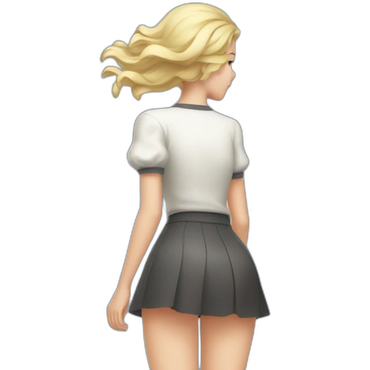 full body back view curvy caucasian beauty in small skirt lifted by the wind butt white socks emoji
