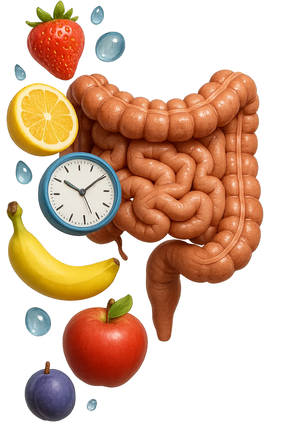 frutta mista cade dall'alto verticalmente insieme a 3 gocce di acqua 3d e un orologio da parete, davanti a questi elementi c'è un intestino umano anatomico iperrealistico emoji