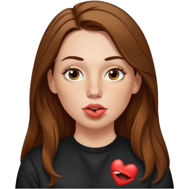A 38 year old white woman with long brunette hair parted in the middle. She has her nose pierced. Her nose is medium sized. She has brown eyes. She has freckles and is wearing a black sweatshirt and is making a kissing mouth. emoji