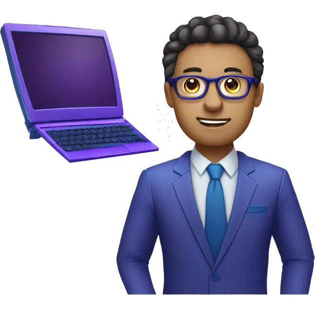 Développeur web  intelligent avec des cheveux qui porte des lunettes avec un pc dans les mains. Il porte un maillot bleu et violet sur lequel est écrit : Nocode Afrique emoji