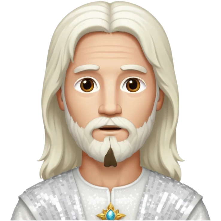 Jesus, Son of God from Gods and Goddesses with long white hair and beard, white sequin outfit emoji