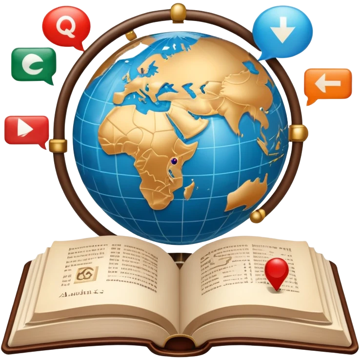 An icon featuring an open book with speech bubbles showing different alphabets—Latin, Cyrillic, Kanji. A globe and translation arrows symbolize global communication and language learning. Transparent background highlights cultural exchange and linguistic diversity. emoji