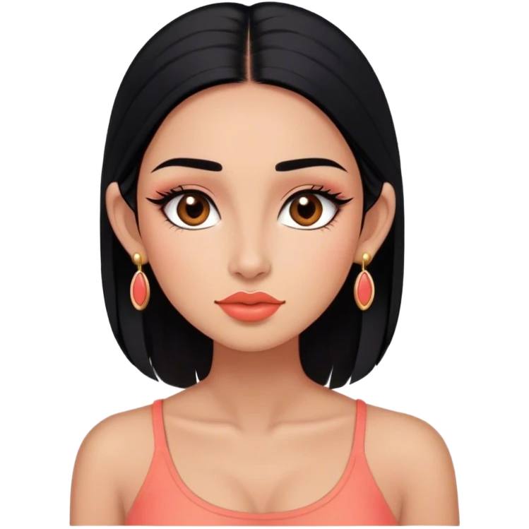 Tez morena, pelo negro largo lacio sin peinado, cejas pronunciadas, ojos grandes color marrones oscuro con pestañas largas, nariz pequeña, labios grandes color coral, rubor coral, top corto negro, orejas pequeñas y pantallas color oro emoji