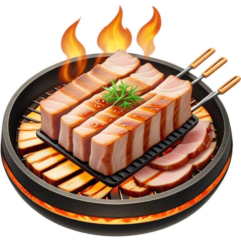 Cinematic Realistic Samgyeopsal Dish Emoji, depicted with sizzling, thick slices of pork belly grilled to perfection rendered with rich textures and warm, inviting lighting. emoji