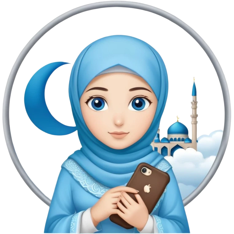 Turkish beautiful finish Konya girl blue eyes with cloudy hijab islamic dress and had on her hand text Eid Mubarak  emoji
