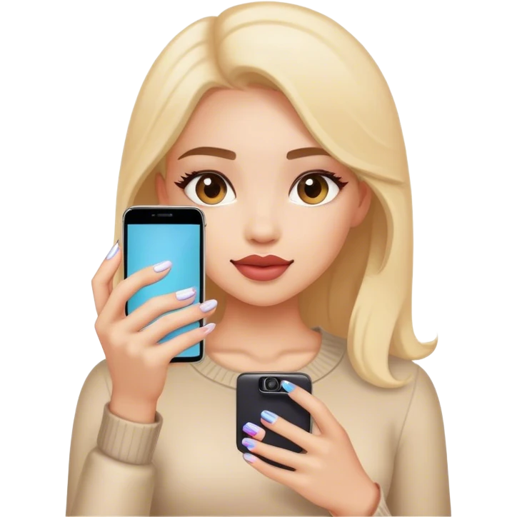 Girl takes a photo her manicure on phone emoji