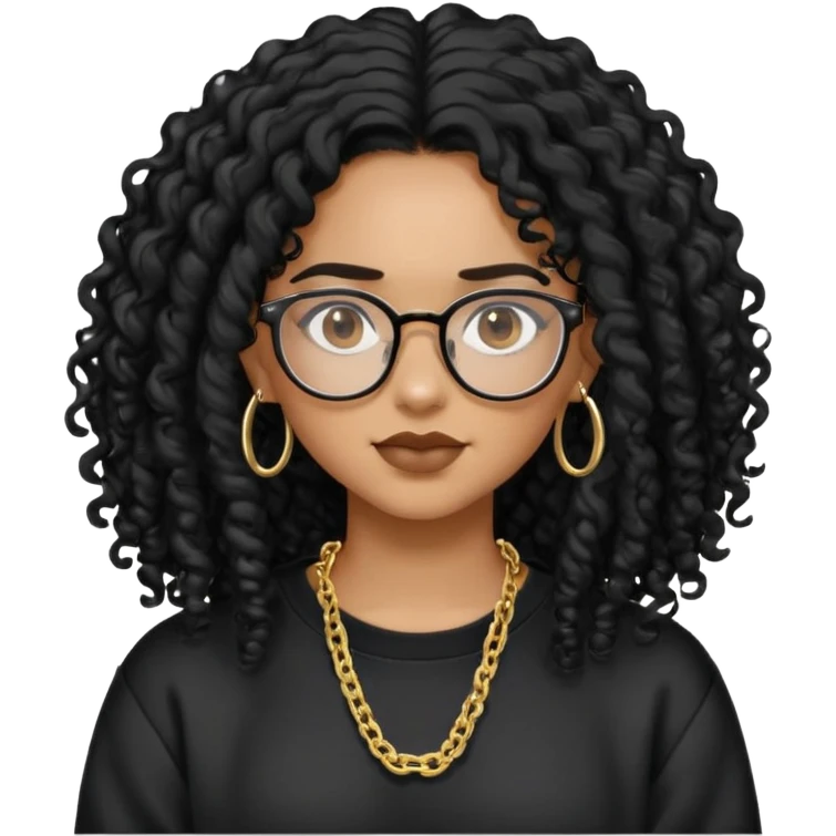 Mixed girl /curly long hair black / with black eyes glasses black sweat shirt middle part flat piercing and gold chain  emoji