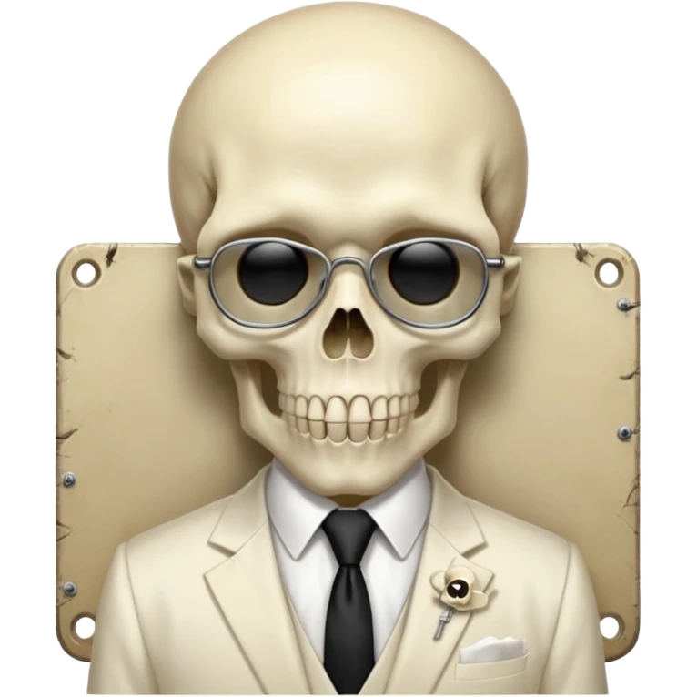 cinematic realistic - Megadeth icon - Megadeth - a politician in an ivory ethereal suit wears a white tie, has a skull instead of a head, and instead of glasses, has a metal plate with screws over his eyes emoji