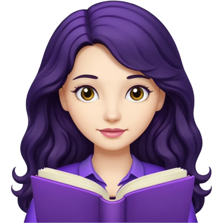 Long Hair Women with purple Book, Black wavy hair emoji