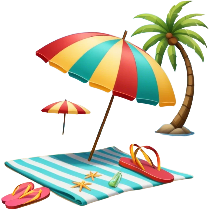 Icon for Beach Tourism: with the ocean and palm trees in the background, a sun umbrella, flip-flops, and a beach towel on the sand. The icon should represent relaxation and fun at the beach. Transparent background. emoji