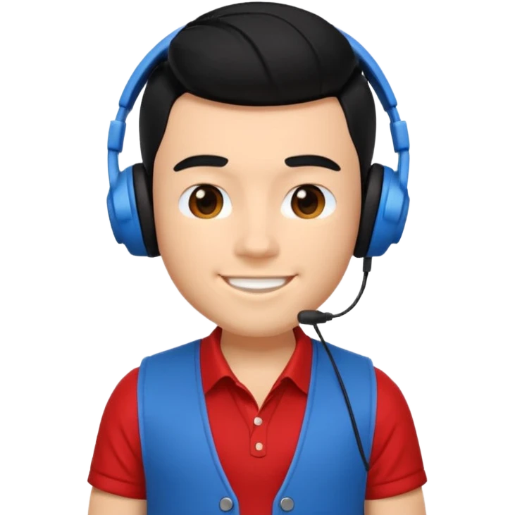 young man with black cool hair, wearing a blue vest over a red short sleeve shirt, retro headphones, in iOS-style Apple Memoji style, clean, 3D, friendly emoji