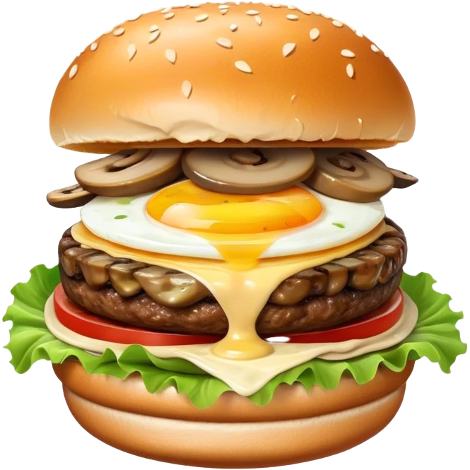 Burger with egg, mushrooms, carmelized onions, and truffle aioli  emoji