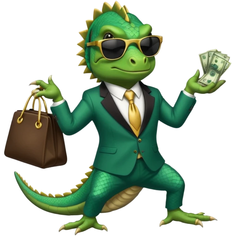 capitalist iguana banker godfather with black sunglasses breakdance with bag emoji