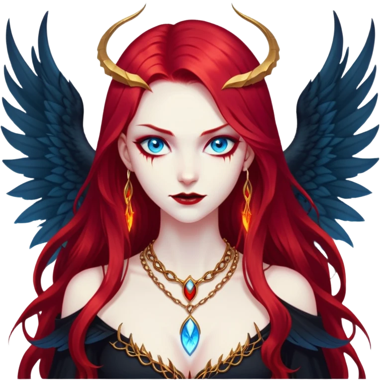 half body portrait of an extremely diabolical girl with pale white skin, massive towering wings, very long flowing blood red hair, glowing blue eyes, black hellfire aura, no horns, evil grin, gold necklace emoji