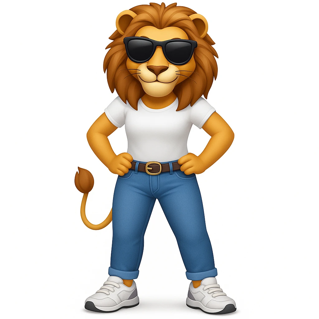 Add trainers (athletic shoes) to the friendly anthropomorphised female lion character, full body, standing confidently with legs shoulder width apart and hands on hips, wearing jeans, a white t-shirt, and dark sunglasses, with a confident smile in Apple emoji style emoji