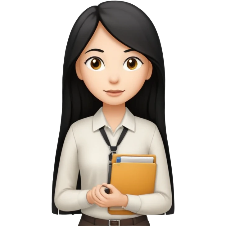 a light tan woman with long black hair past mid-back, round brown eyes, with folders in her hands. she has a id lanyard on and white professional blouse. emoji