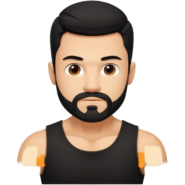 generate an ios genmoji of a fair guy with black wearing a sleevless black tshirt with big biceps and a goatee style beard emoji