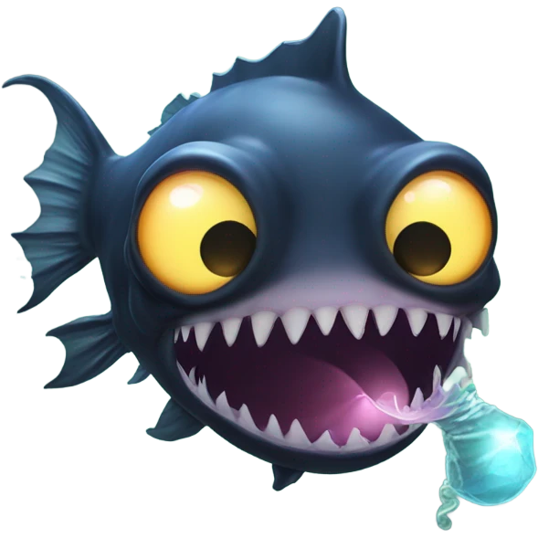 Anglerfish with a glowing lure hanging from its forehead, sharp teeth, and big eyes. emoji