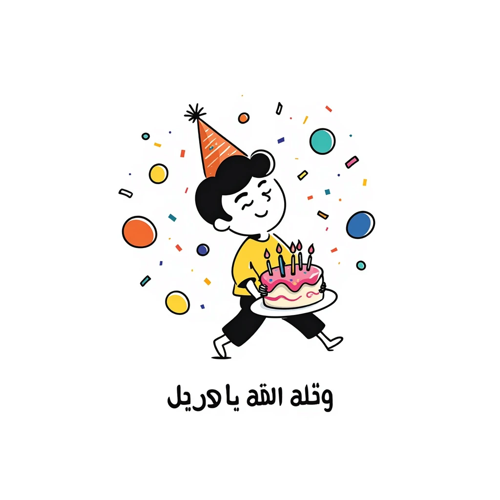 Vibrant, multi-colored illustration of a little boy with a colorful birthday cake, lots of colorful confetti, balloons, and party elements. Below the illustration, in a separate text area, write in very clear, large Persian characters: "امیدرضا جان تولدت مبارک" emoji